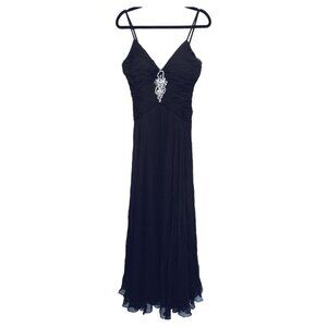 Basix lI Silk Chiffon Formal Full-Length Gown, Crystal Brooch size 8, black